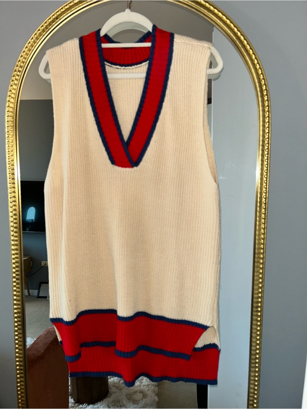 Cream V-Neck Knit Sweater Vest with Red & Navy Trim